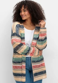 Ajour-Strickjacke mit Blockstreifen, in offener Form