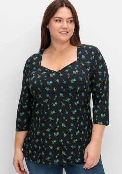 3/4-Arm-Shirt mit Blumenprint und Herzausschnitt