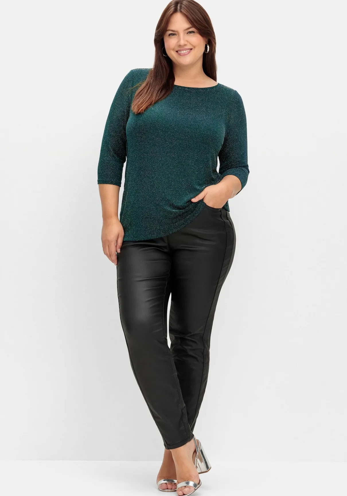 3/4-Arm-Shirt mit Glitzergarn und U-Boot-Ausschnitt