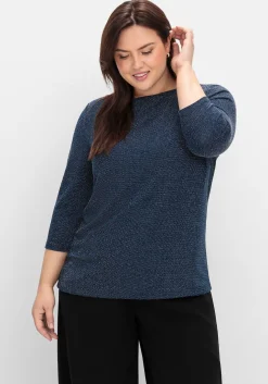 3/4-Arm-Shirt mit Glitzergarn und U-Boot-Ausschnitt