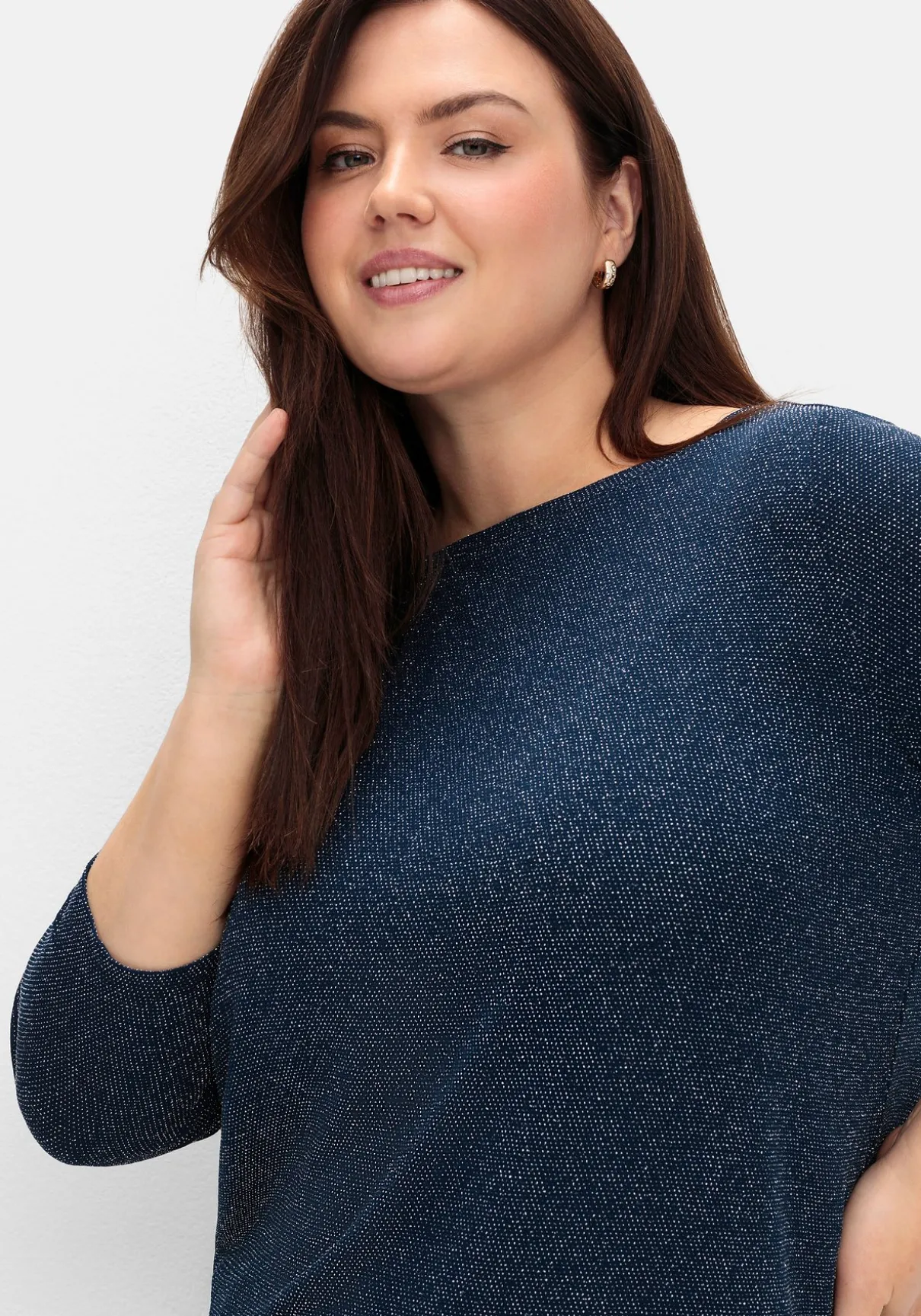 3/4-Arm-Shirt mit Glitzergarn und U-Boot-Ausschnitt