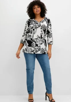 3/4-Arm-Shirt mit kontrastfarbenem Blütenprint
