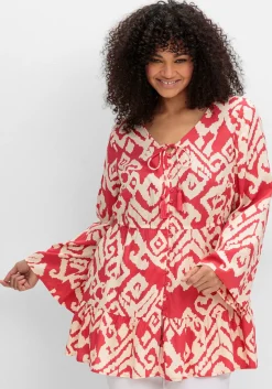 Ausgestellte Bluse mit Grafikprint und Volant am Saum