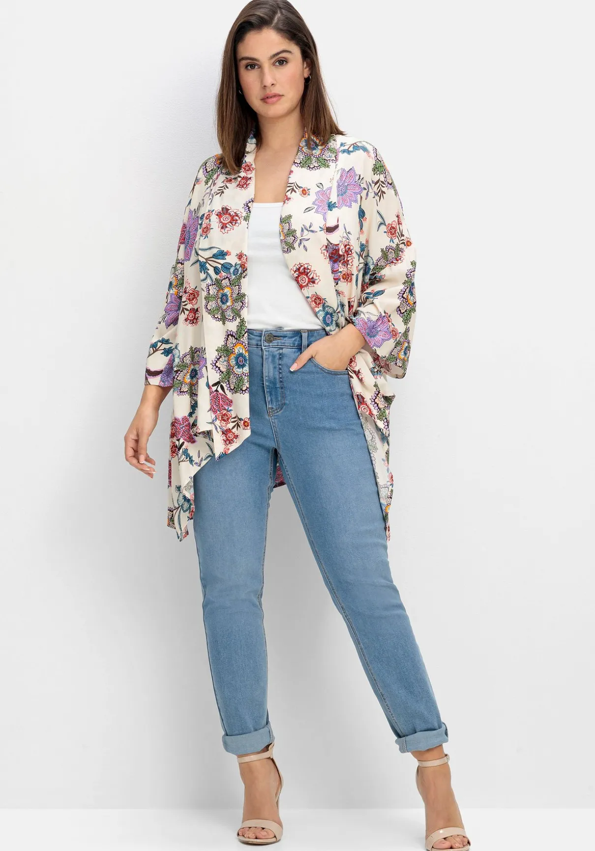 Blusenjacke im Kimono-Stil, mit Blumendruck