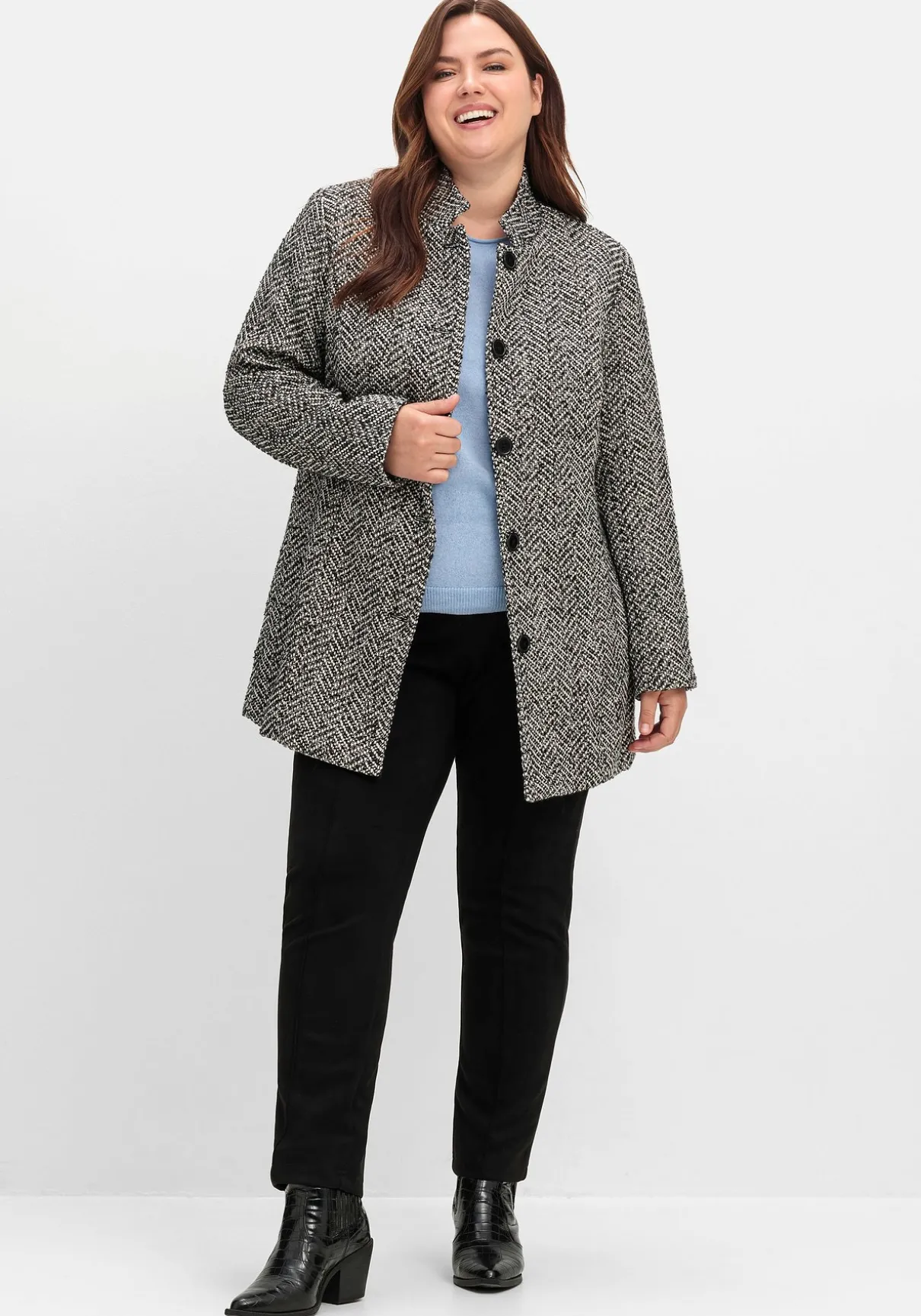 Bouclé-Jacke mit Stehkragen, im Fischgrätmuster