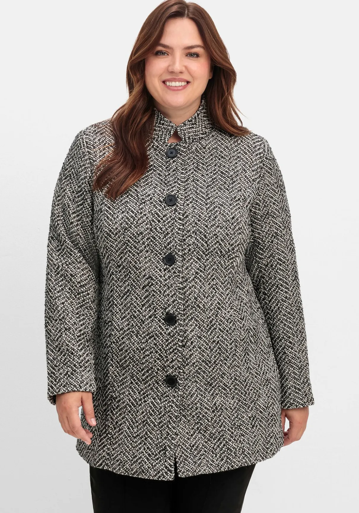 Bouclé-Jacke mit Stehkragen, im Fischgrätmuster