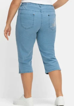 Caprijeans mit Teilgummibund und Glitzersteinen