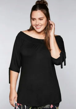 Carmenshirt mit Smokeinsatz und längerem Halbarm