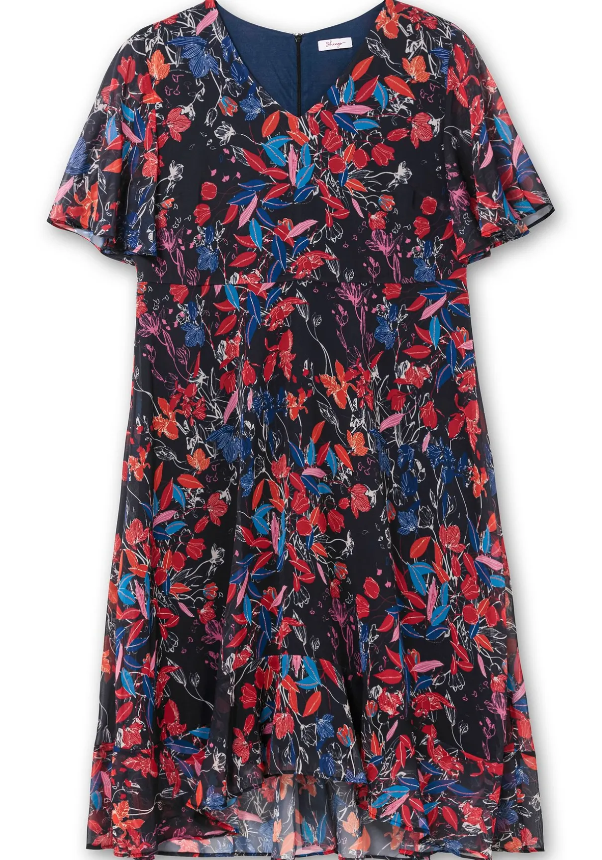 Chiffonkleid mit Blumendruck und Volant am Saum