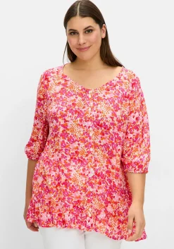 Crêpe-Bluse mit Blumendruck und Volant am Saum