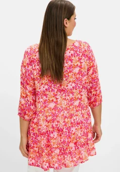 Crêpe-Bluse mit Blumendruck und Volant am Saum