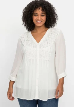 Crêpebluse mit Häkelspitze und Biesen