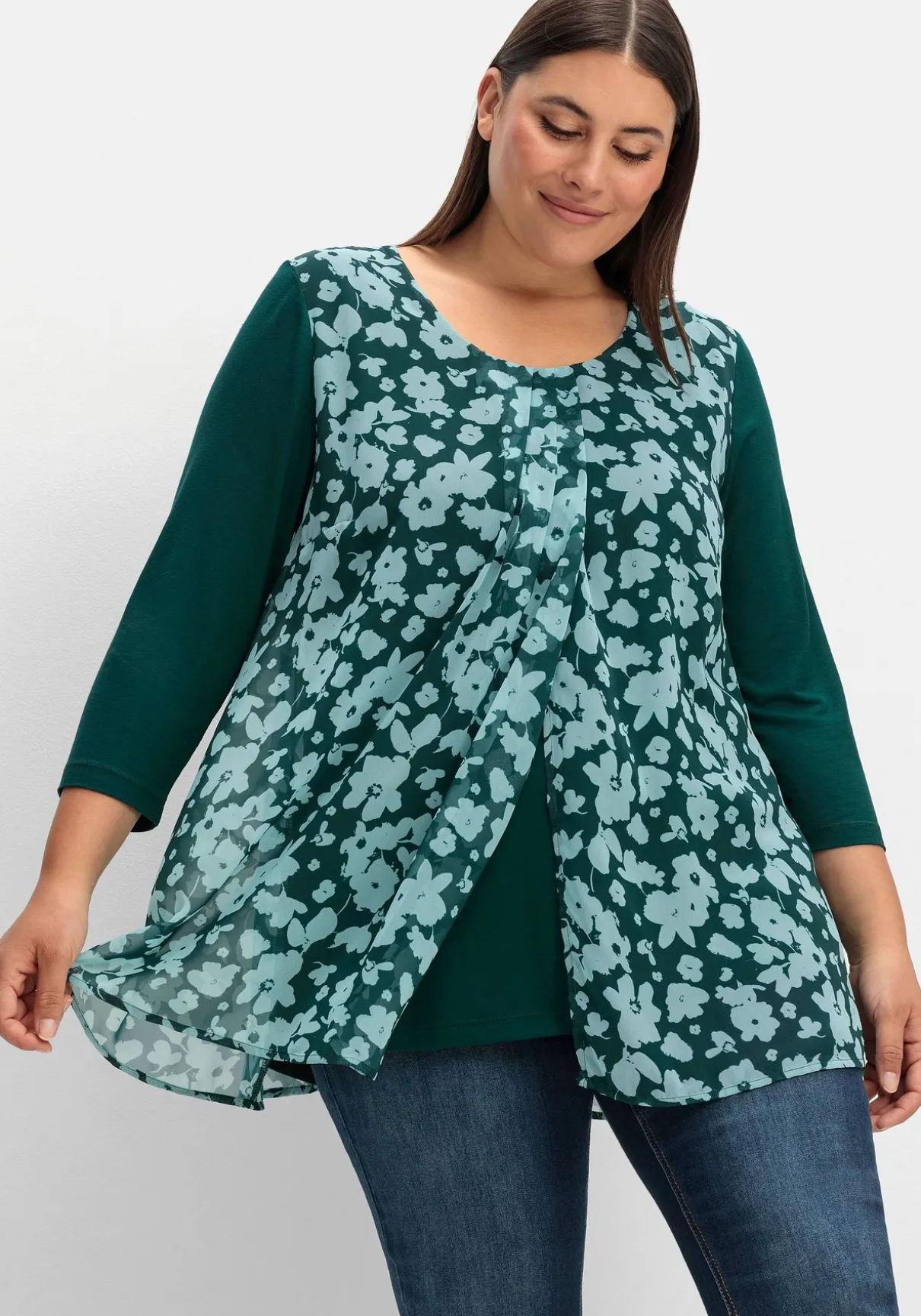 2-in-1-Blusenshirt mit bedrucktem Chiffon