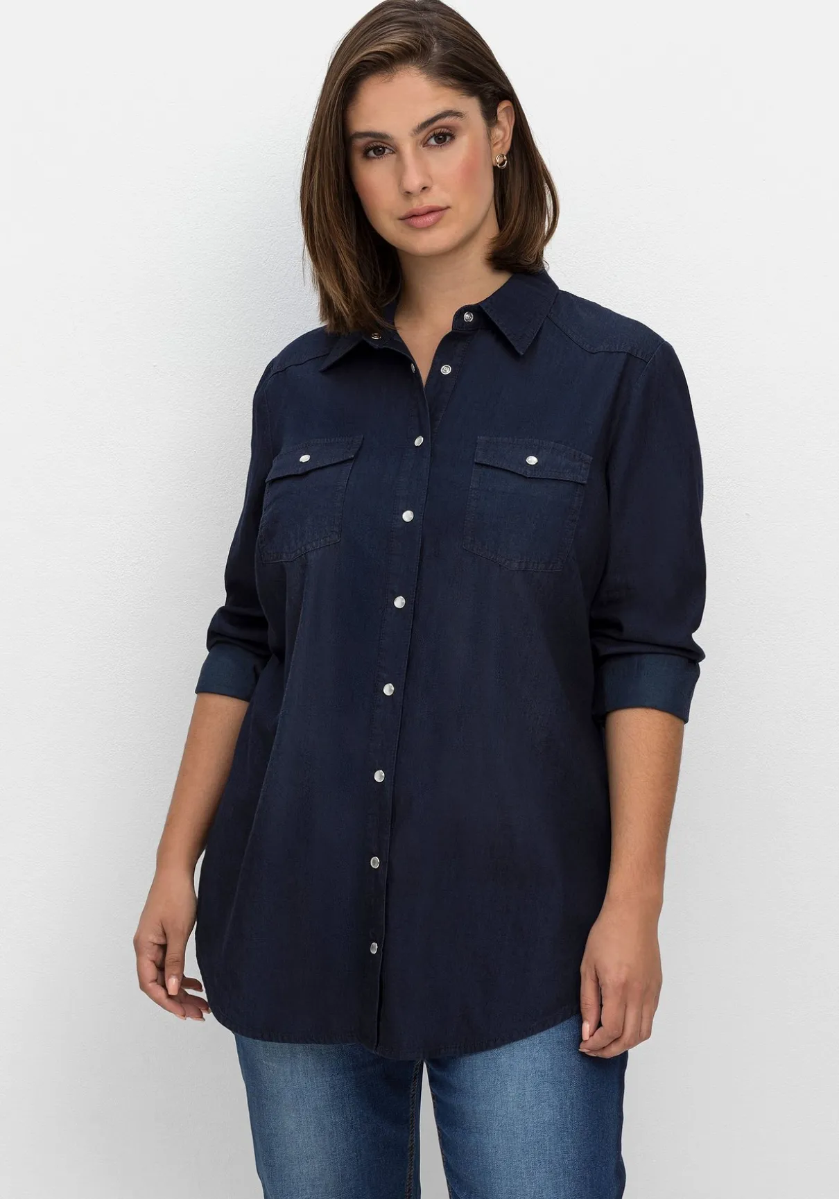Jeansbluse mit Knopfleiste und Brusttaschen