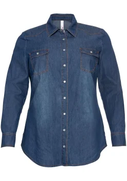 Jeansbluse mit Knopfleiste und Brusttaschen