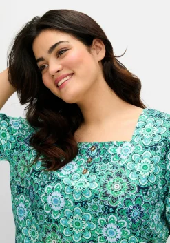 Jerseyshirt mit Blumendruck und Karreeausschnitt