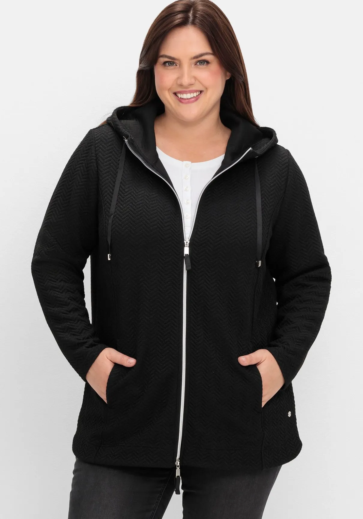 Kapuzen-Sweatjacke in Fischgrät-Struktur