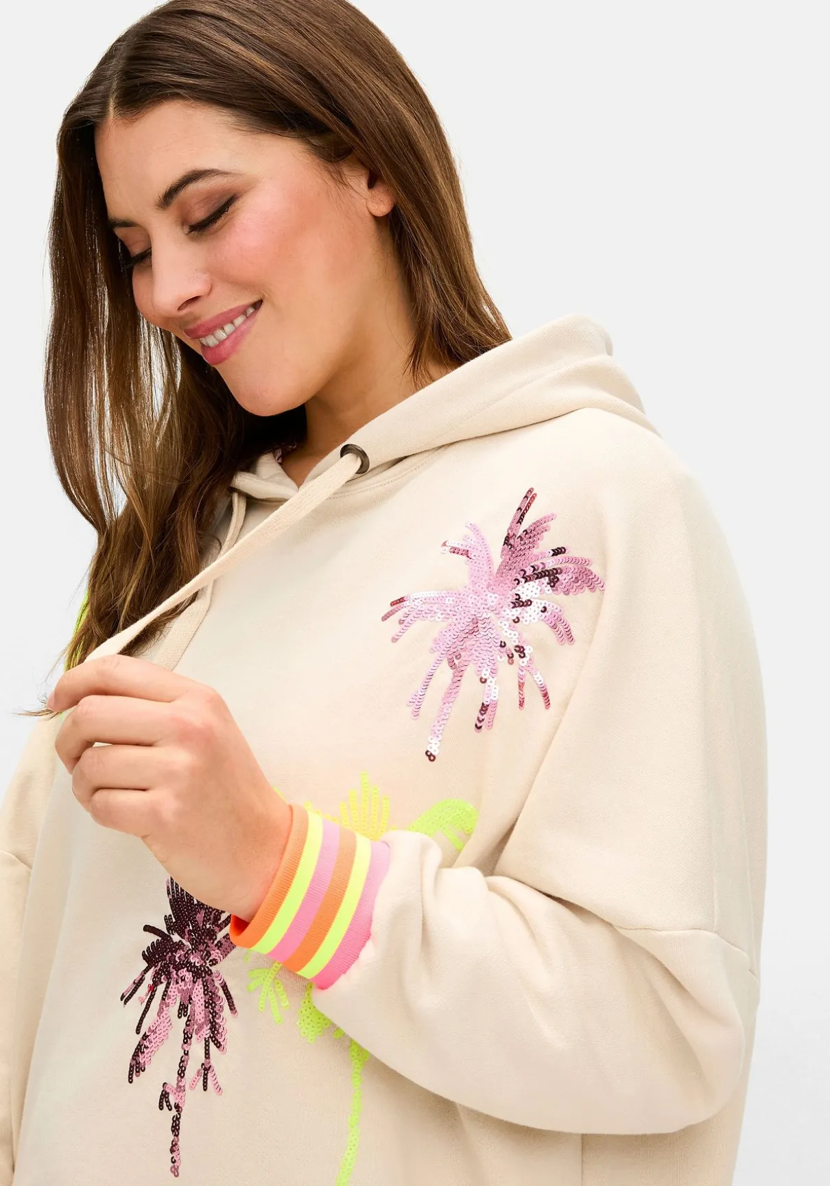 Kapuzensweatshirt mit Palmenprints und Ringelbündchen