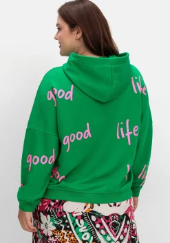 Kapuzensweatshirt mit Smiley-Druck und Glitzersteinen