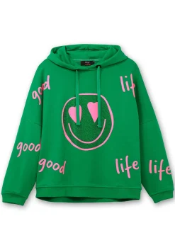 Kapuzensweatshirt mit Smiley-Druck und Glitzersteinen