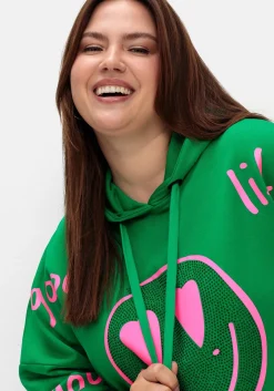 Kapuzensweatshirt mit Smiley-Druck und Glitzersteinen