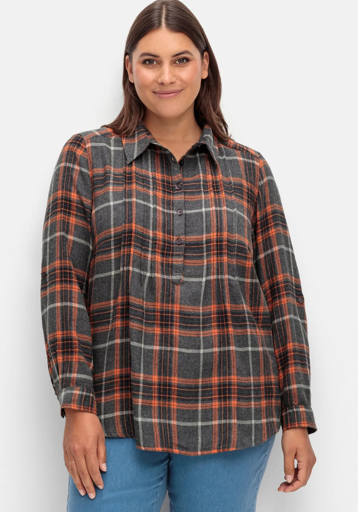 Karierte Flanell-Tunika mit Krempelarm