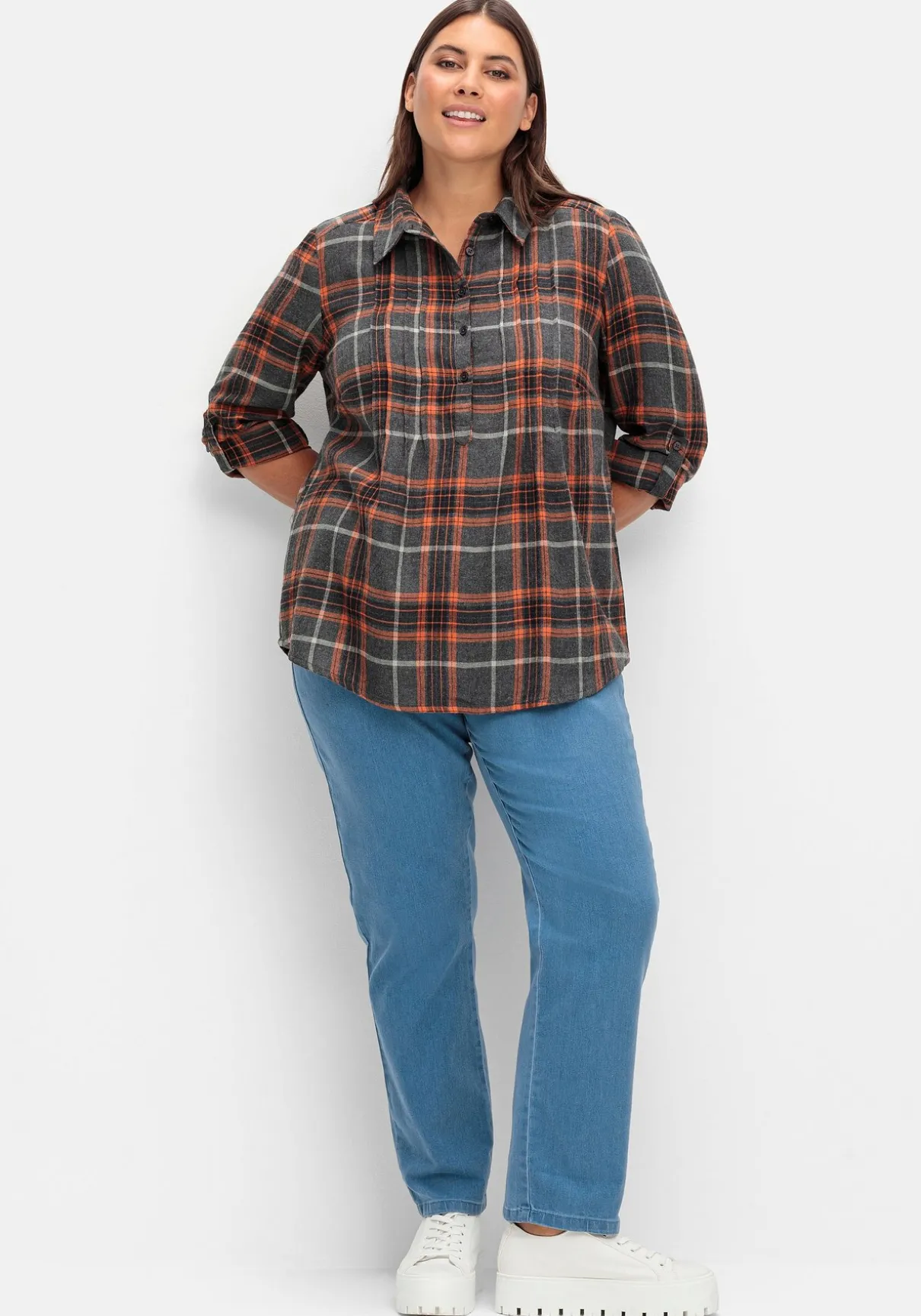 Karierte Flanell-Tunika mit Krempelarm