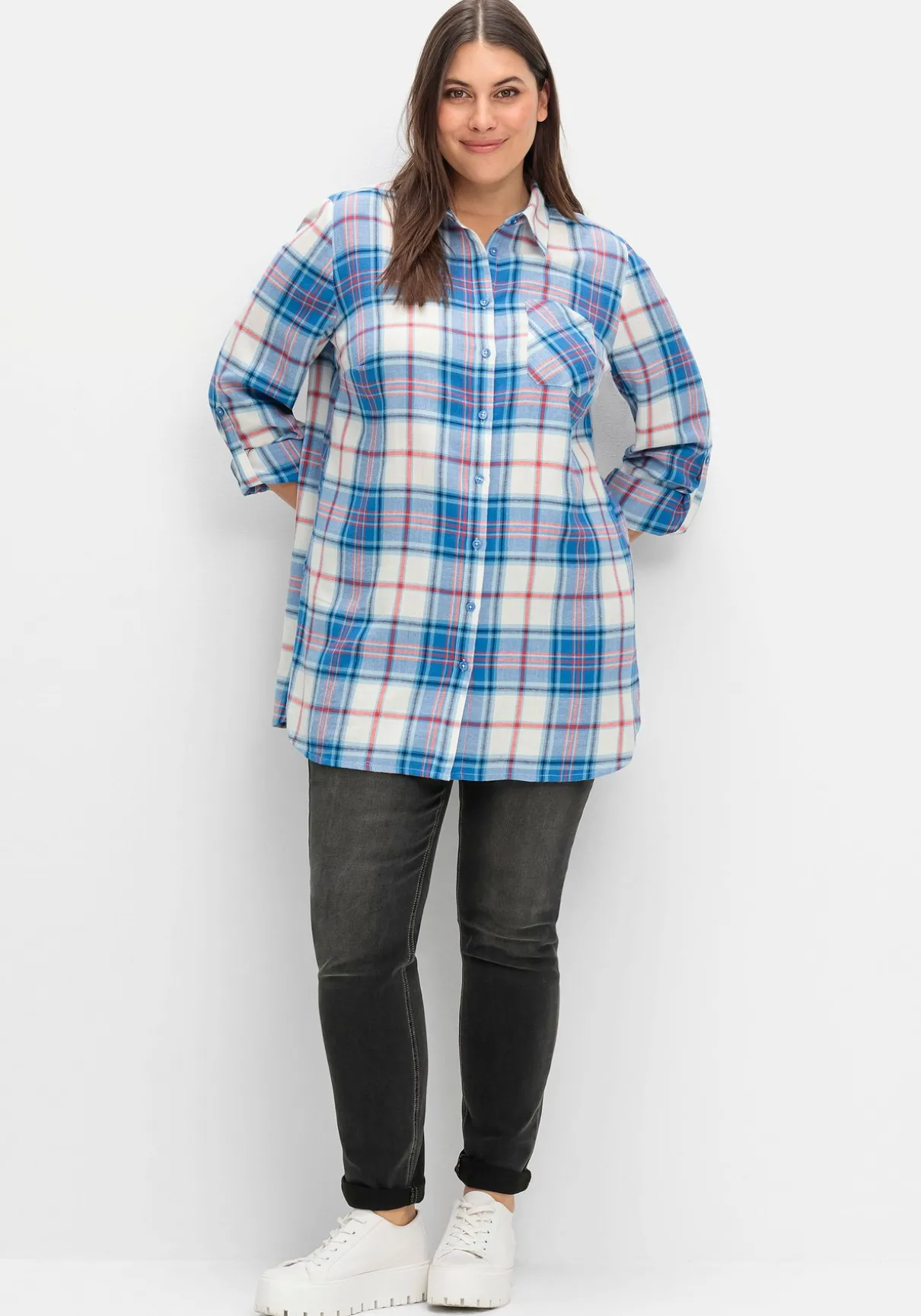 Karierte Longbluse mit Krempelfunktion