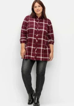 Karierte Longbluse mit Kragen und Manschettenärmel