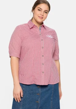 Karierte Trachtenbluse mit Stickereien