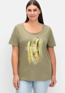 Kurzarmshirt mit Frontdruck und Glitzereffekt