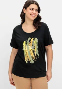 Kurzarmshirt mit Frontdruck und Glitzereffekt