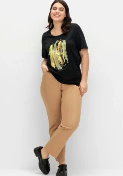 Kurzarmshirt mit Frontdruck und Glitzereffekt