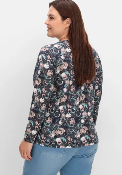 Langarmshirt mit Alloverprint und kurzer Knopfleiste