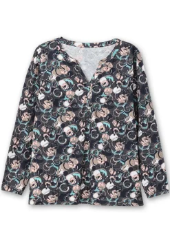 Langarmshirt mit Alloverprint und kurzer Knopfleiste