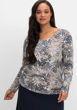 Langarmshirt mit Blätterprint und Faltendetail vorn