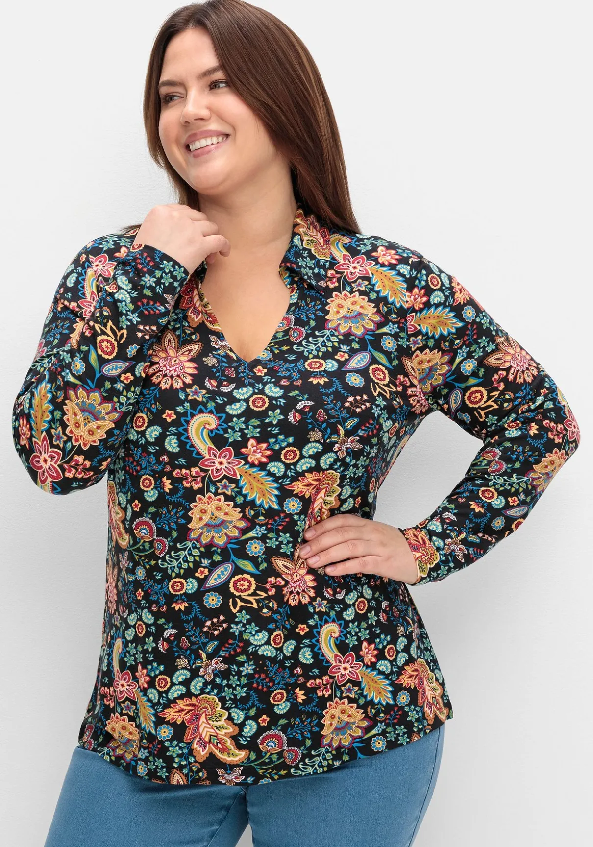 Langarmshirt mit Paisleyprint und Polokragen