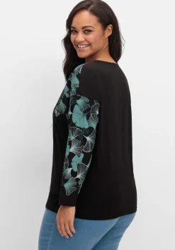 Langarmshirt mit V-Ausschnitt und Blätterdruck