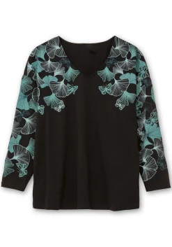 Langarmshirt mit V-Ausschnitt und Blätterdruck
