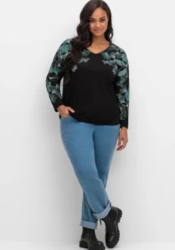 Langarmshirt mit V-Ausschnitt und Blätterdruck