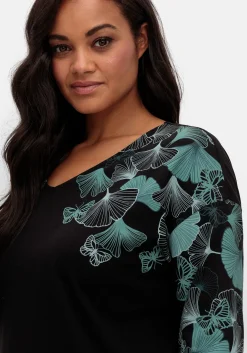 Langarmshirt mit V-Ausschnitt und Blätterdruck