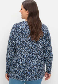 Langarmshirt mit V-Schlitz und floralem Minimalprint
