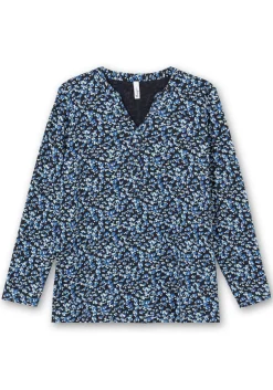 Langarmshirt mit V-Schlitz und floralem Minimalprint