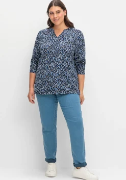 Langarmshirt mit V-Schlitz und floralem Minimalprint
