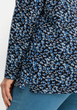 Langarmshirt mit V-Schlitz und floralem Minimalprint