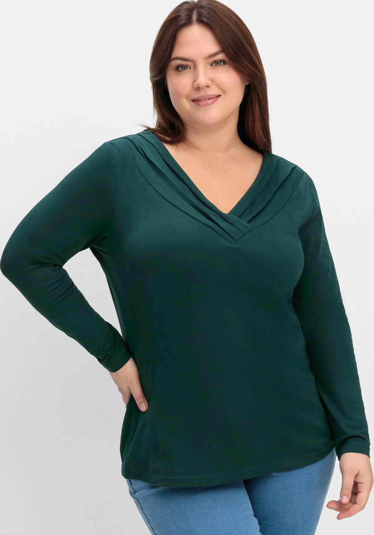 Langarmshirt mit Zierfalten am V-Ausschnitt, A-Linie