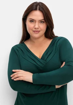Langarmshirt mit Zierfalten am V-Ausschnitt, A-Linie