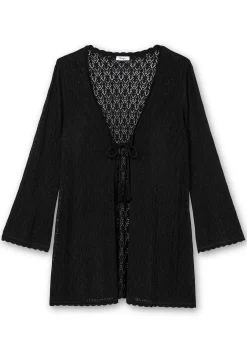Lange Ajour-Strickjacke mit Bindeband