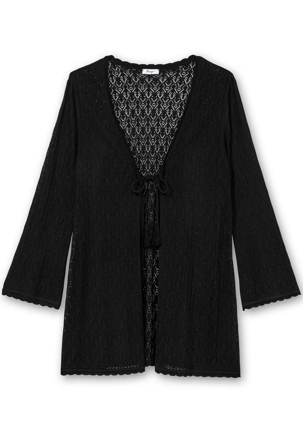 Lange Ajour-Strickjacke mit Bindeband