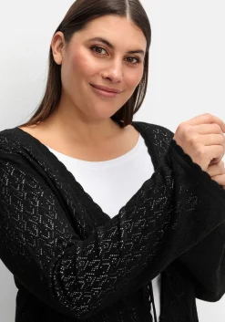 Lange Ajour-Strickjacke mit Bindeband